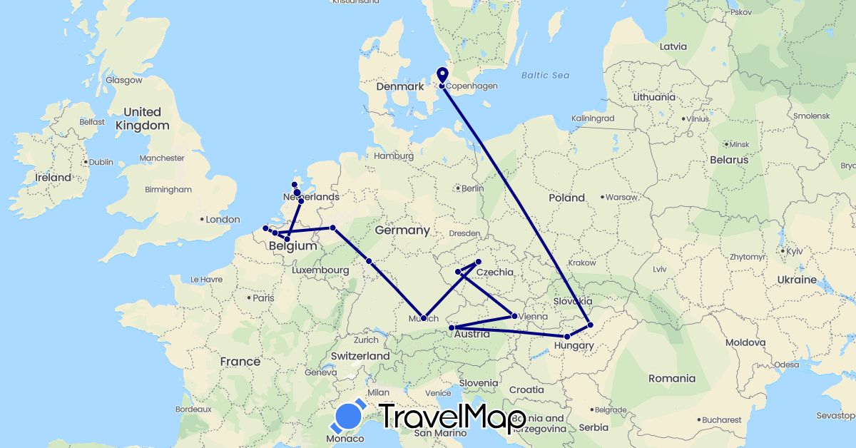 TravelMap itinerary: driving in Austria, Belgium, Czech Republic, Germany, Denmark, Hungary, Netherlands (Europe)